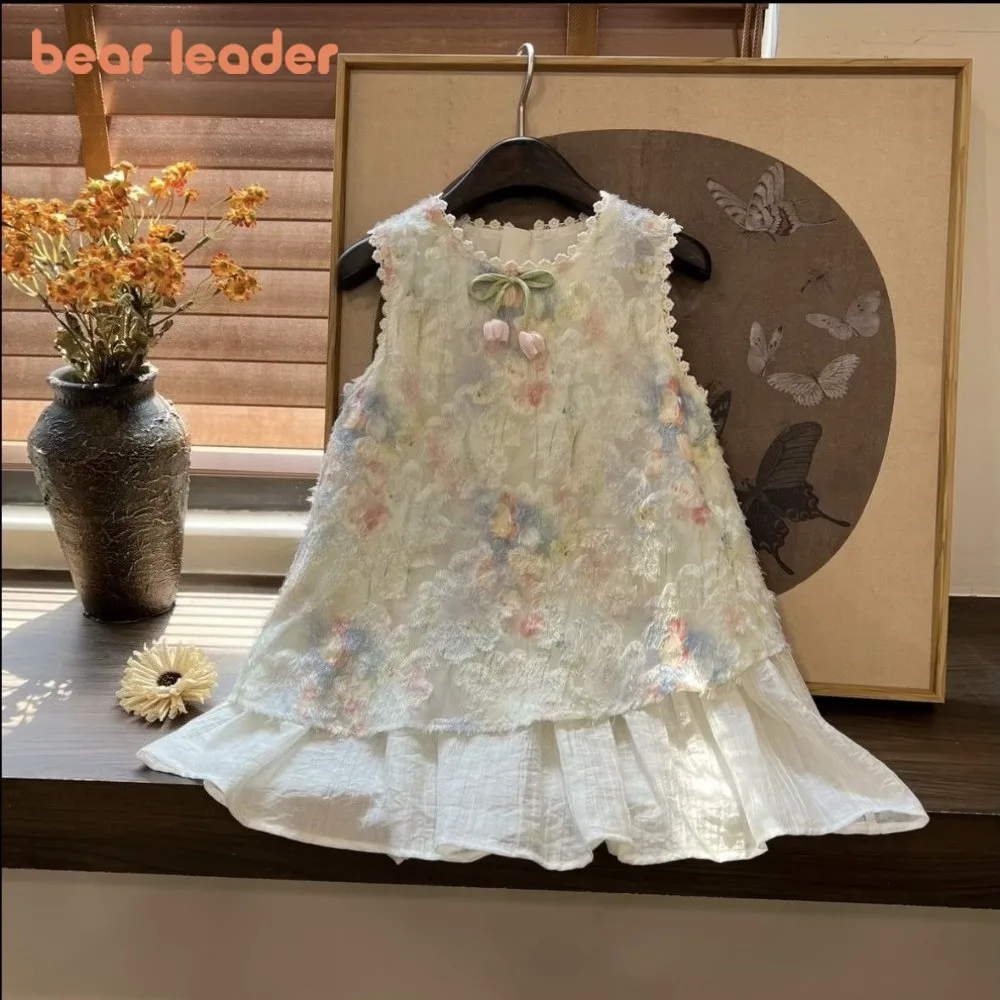 Bear Leader Summer Korean Version Colorful Tassel Tulip Sleeveless Princess Dress Round Neck Mesh Flower Beautiful Girl Clothes