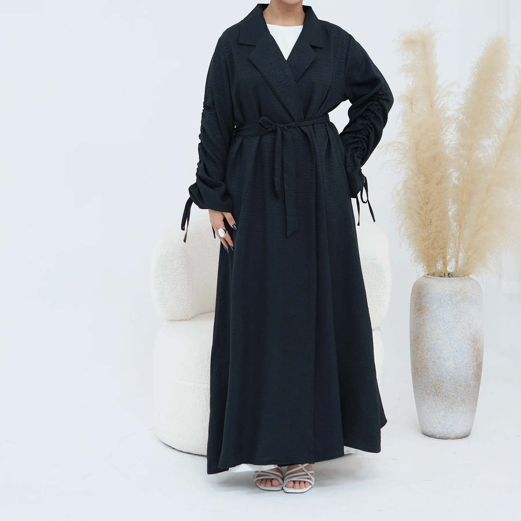 

Ид с рукавами на шнурке Абая Дубай Открытый передний кардиган Женское мусульманское платье Рамадан Исламская одежда Турция Кафтан Кимоно Джалабия