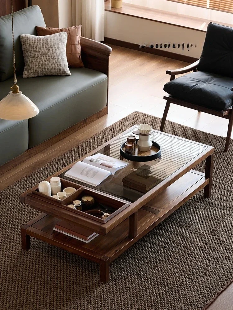

North American black walnut coffee table living room household glass low table small apartment solid wood tea table