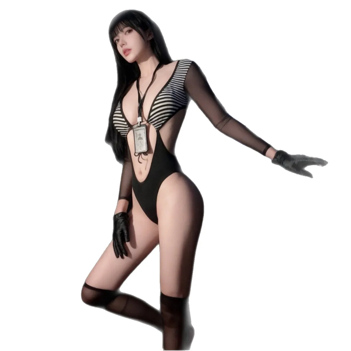 

Sexy Lingerie Sexy Secretary Tight-fitting High-elastic Pure Desire Temptation Sweet Uniform High-slit Striped Pajama Set VWAR