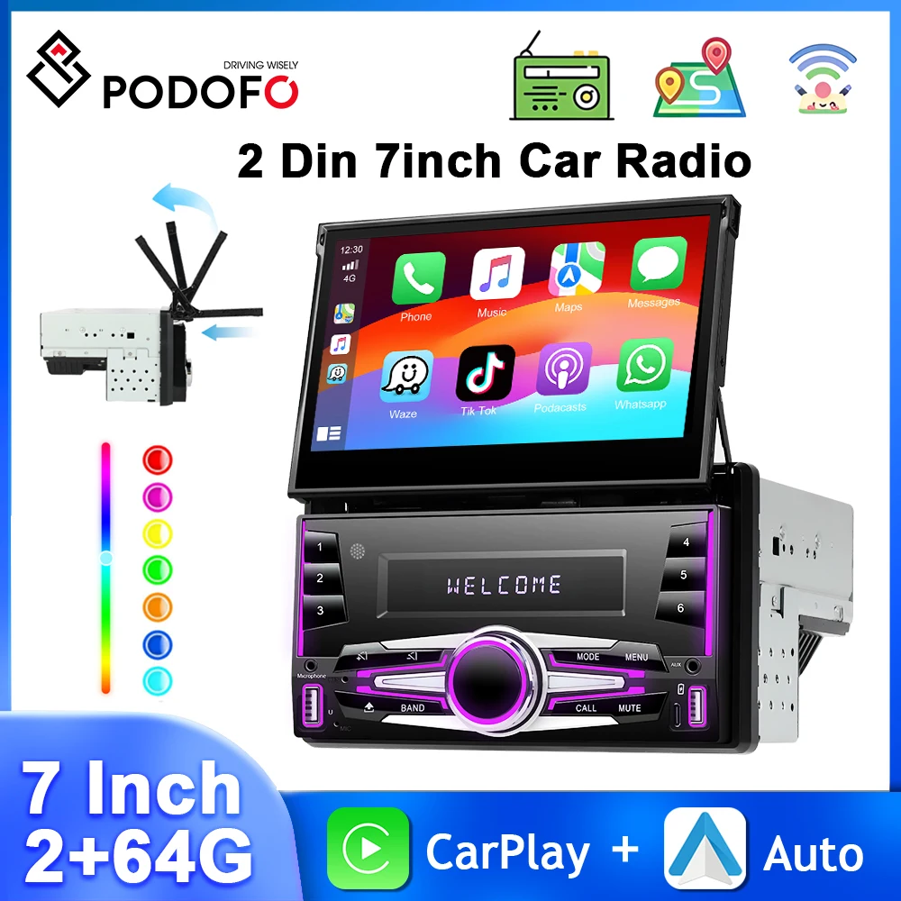 Podofo 2Din Radio samochodowe z androidem 7 ''odtwarzacz multimedialny z ekranem dotykowym 2 + 64G 4 rdzeniowe CarPlay Android Auto GPS nawigacja WiFi samochodowe Stereo