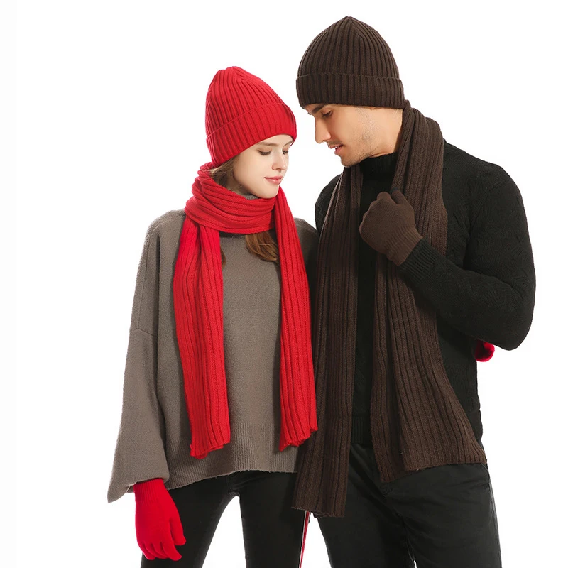 Fashion Trend Solid Color Men And Women Knitted Luxury Scarf Hat Gloves Winter Warm Three Piece Set Clothing Accessories Gift