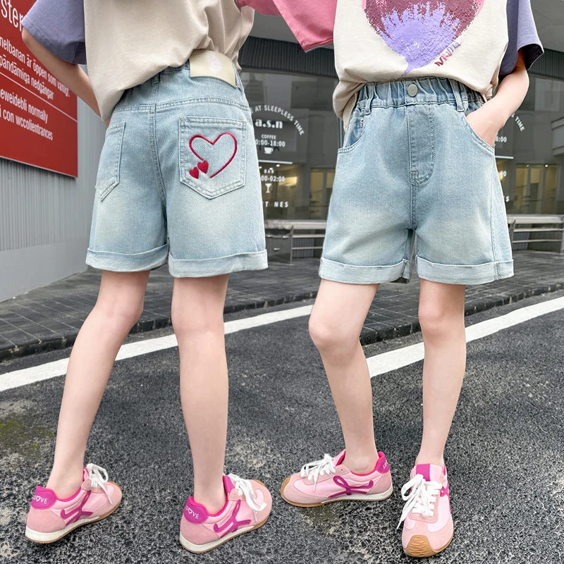 Kids Summer Blue Denim Shorts with Heart Pocket For Tweens Girls Casual Mini Shorts For Child Age 5 6 7 8 9 10 11 12 13 14 Years
