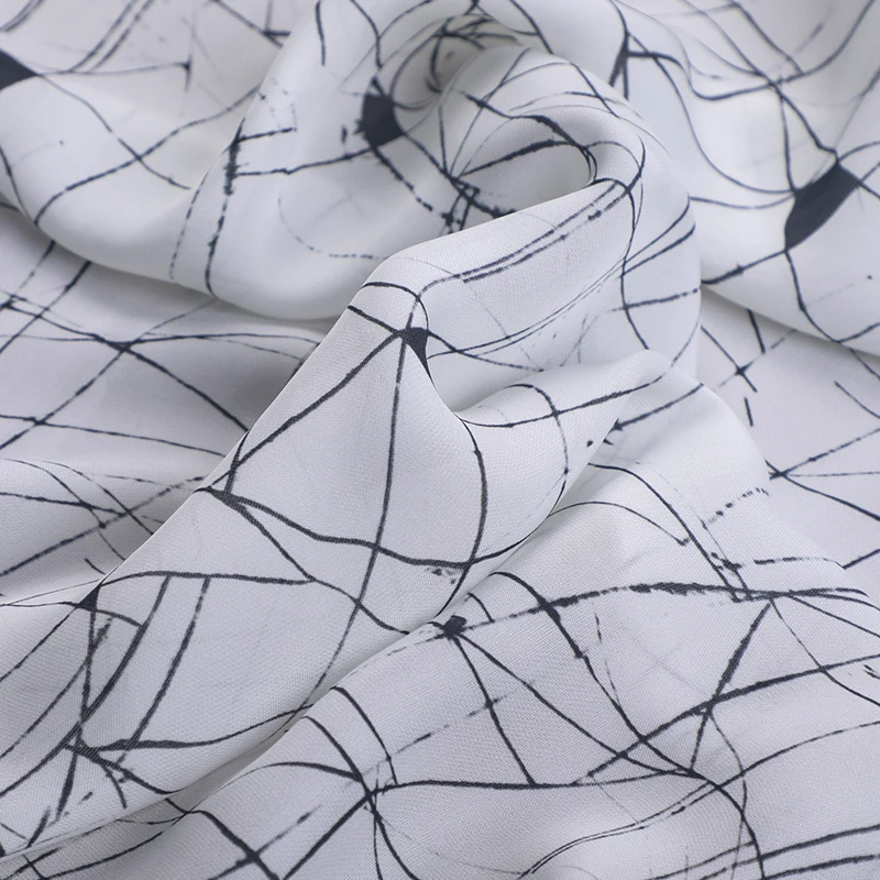 Geometry Lines Print on White Silk Cotton Fabric for Summer Dress Pants Cheongsam, Soft 22MM 140CM Wide Silk Fabric R204