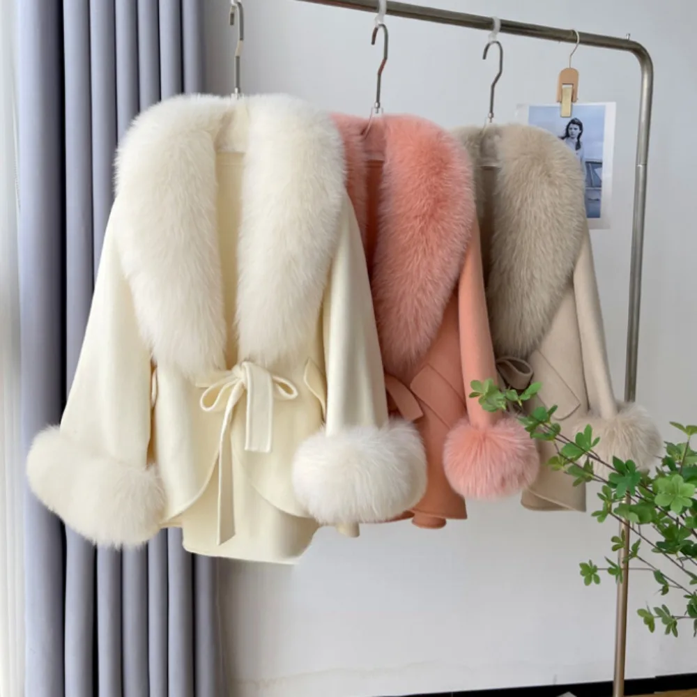 OFTBUY 2024 Fashion Winter Autumn Women Woolen Jacket Real Big Fur Detachable Collar Loose Cashmere Blends Luxury Fashion Cloak