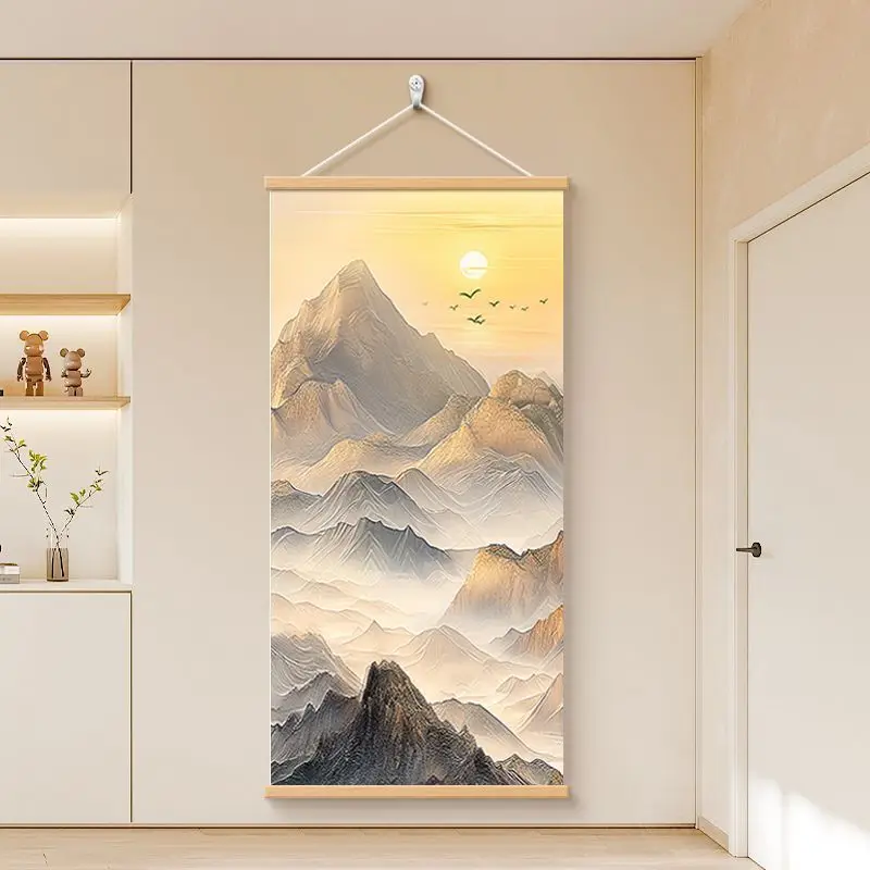 Wall Art – Golden Sunrise Mountain Landscape Scroll, UV Printed Oil Paper Nature Art for Hallway, Living Room & Reading Nook