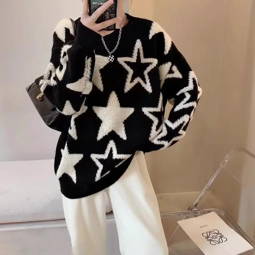 Japanese Knit Pullover Sweater, Women's Autumn and Winter New Hong Kong Star Pattern Loose Top,Lazy Wind Round Neck Knit Sweater