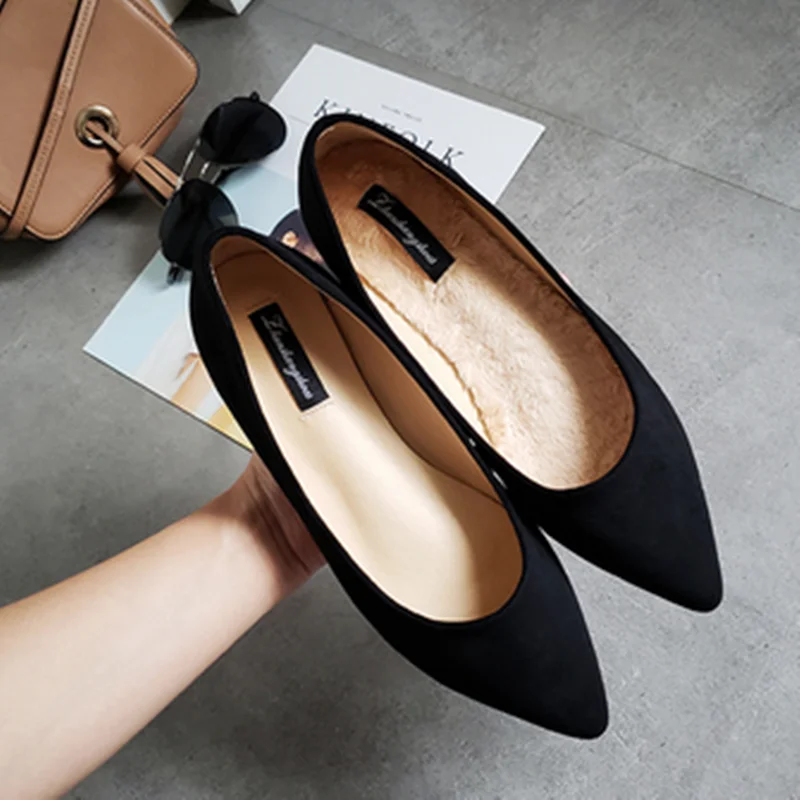 Lady Big Size 33-48 Winter Flats Fur Pointy Toe Flock Shoes Comfortable Slip-Ons Red Black Wine 2022 New Arrivals Daily Taccon