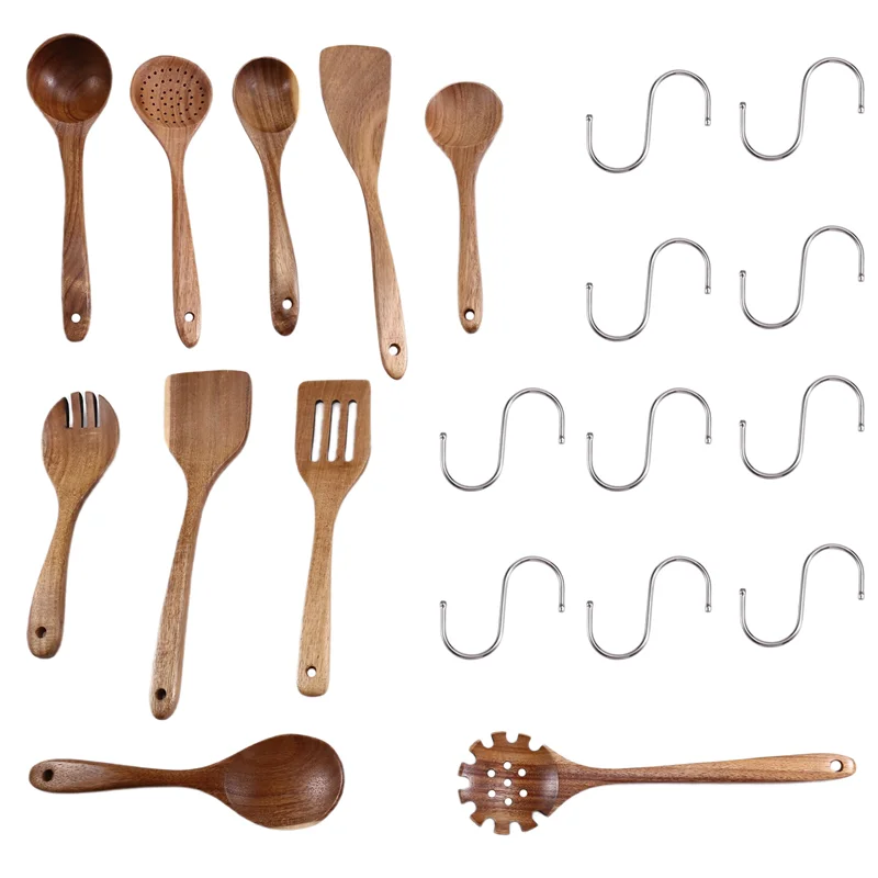 

AD30-10-Piece Wooden Spoons For Cooking Teak Wooden Spoon Sets Perfect For Non-Stick Cookware