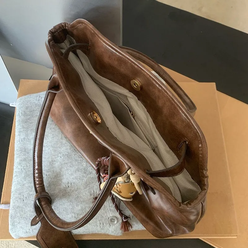 가죽 핸드백 여성 빈티지 럭셔리 브라운 숄더 백 트렌드 숙녀 디자이너 토트 백 여성용 대용량 서류 가방