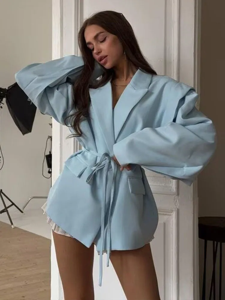 HH Women's New Fashion Waist-Close-Up Blazer Wide Shoulder Coat Female Elegant Lapel One-Buckle 6-Color Long Sleeve Jacket