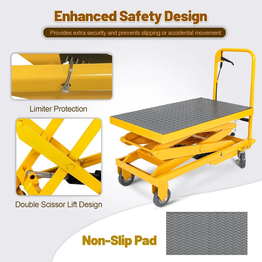 Troli Meja Angkat Hidrolik Gunting, Tinggi Angkat 11-50 inci Kapasitas 330 lbs Troli Meja Angkat, Troli Angkat Manual dengan Anti-S