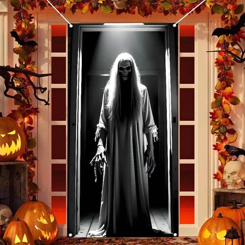 Scary Ghost Halloween Door Curtain Long Hair Specter Door Banner for Haunted House Front Door Horror Theme Party Decor ﻿ view 5