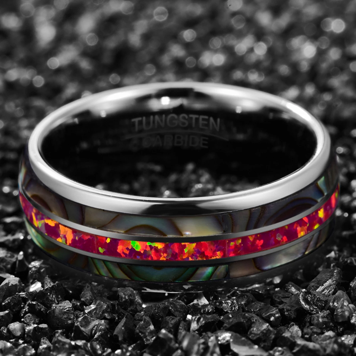 Tungsten Carbide Ring 8mm Dome Steel Inlaid with Two Abalone Shells Deep Magenta Opal Tungsten Steel Ring Comfort Fit