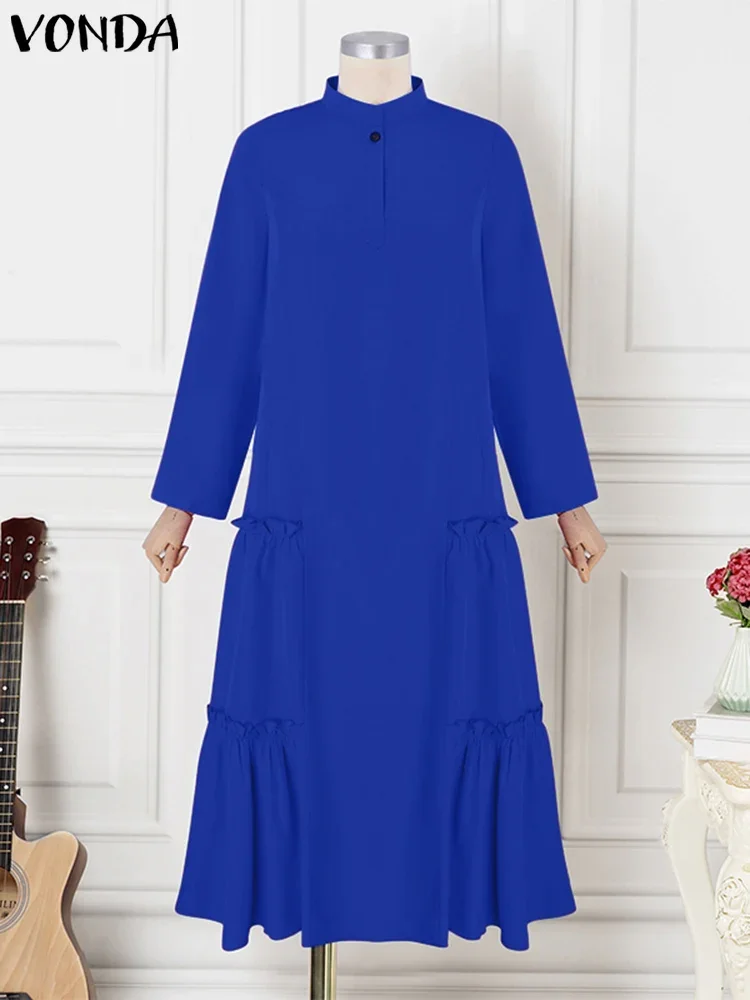 VONDA Abito lungo maxi con volant da donna 2025 Abito camicia a trapezio in tinta unita casual Colletto alla moda Manica lunga Vestido da festa