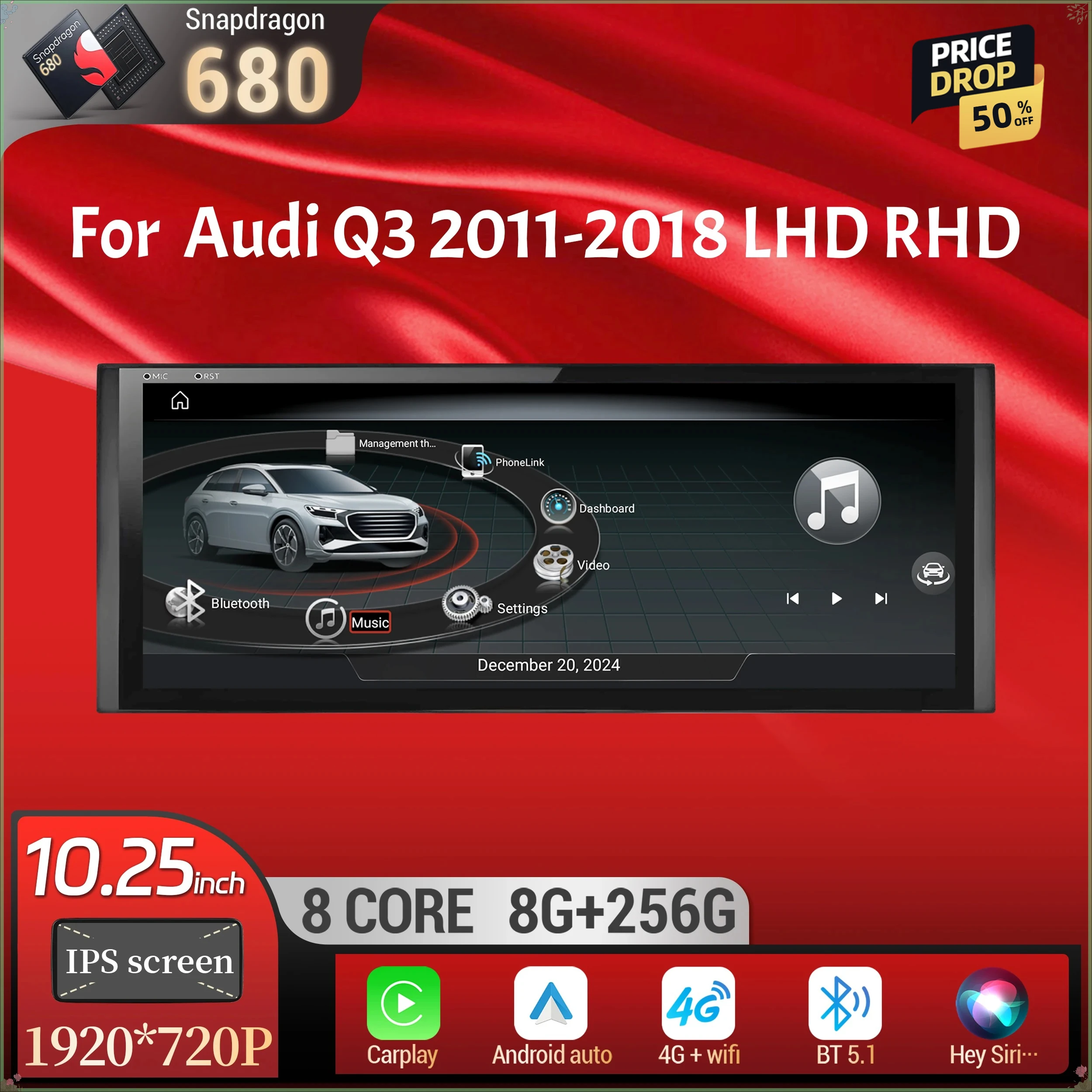 10.25 inch For Audi Q3 2011-2018  Android 14 Car Radio Wireless Bluetooth Carplay Qualcomm Snapdragon 680 Head Unit Touch Screen