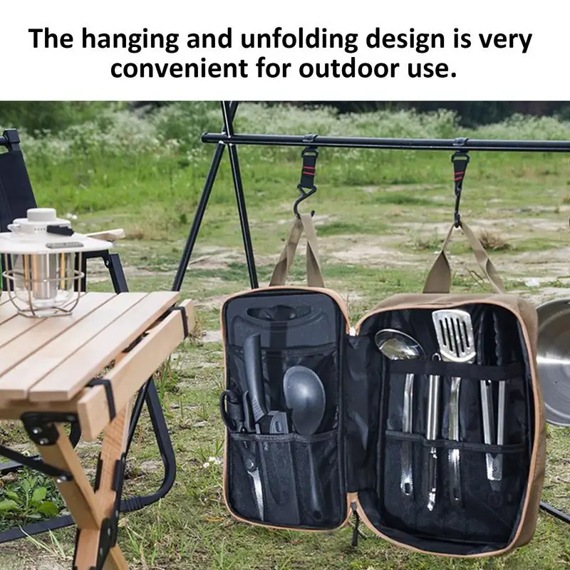 

8pcs Portable Cutlery and Knife Set Stainless Steel Outdoor Cooking Kitchenware Spatula and Plate Storage Bag Camping Gear