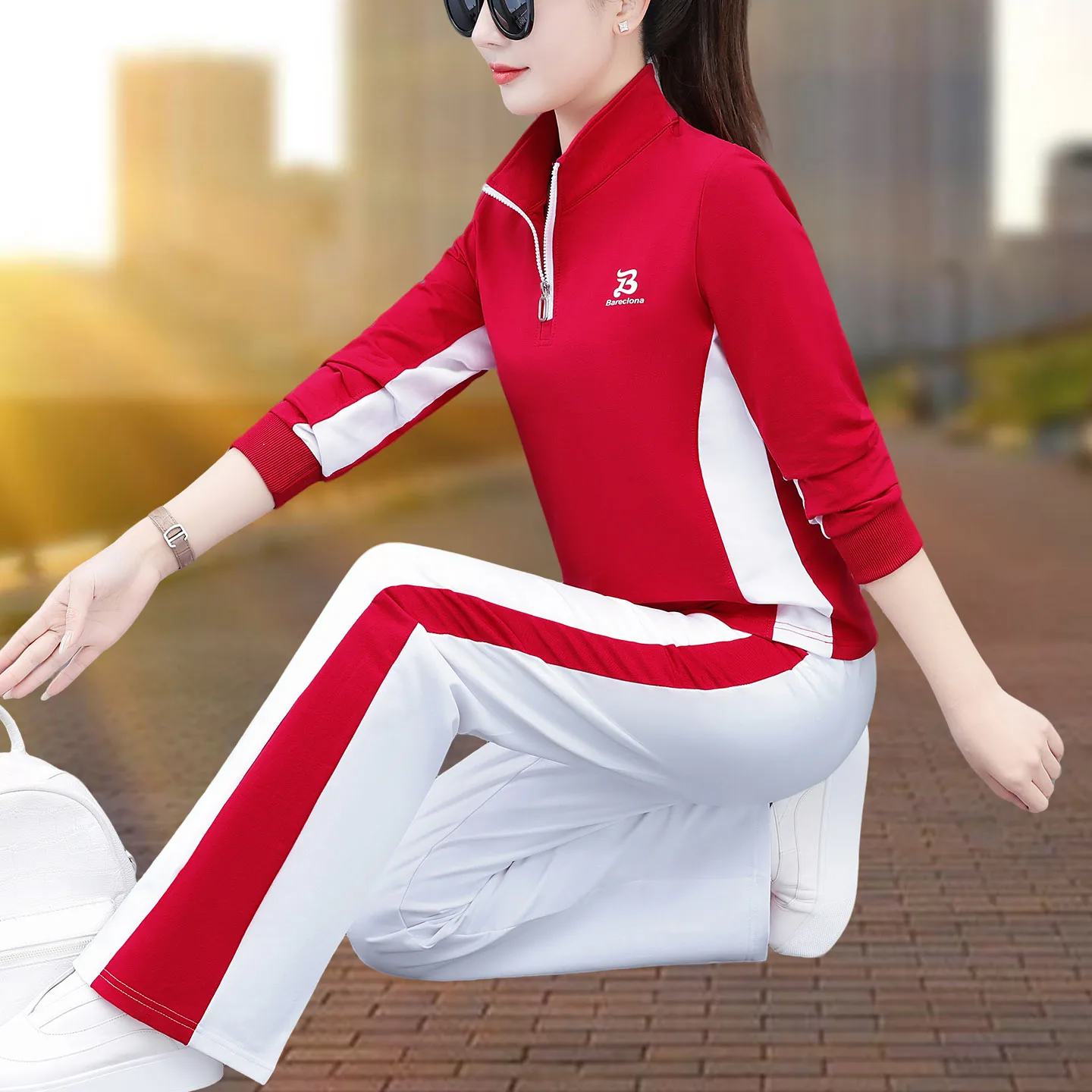 

Red Sportswear Set for Middle-Aged Women Spring Autumn Fitn Clothes Casual Long Sve irt High Waist Pants Breatha...