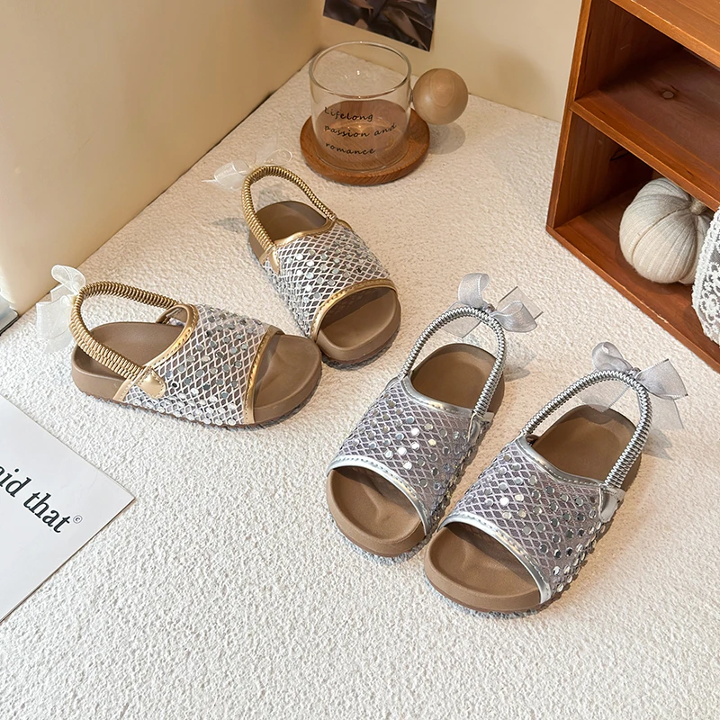 Mumoresip New Children Platform Sandals Summer Sequins Little Girls Causal Shoes Open-toe Breathable Kids Mesh Outdoor Sandals