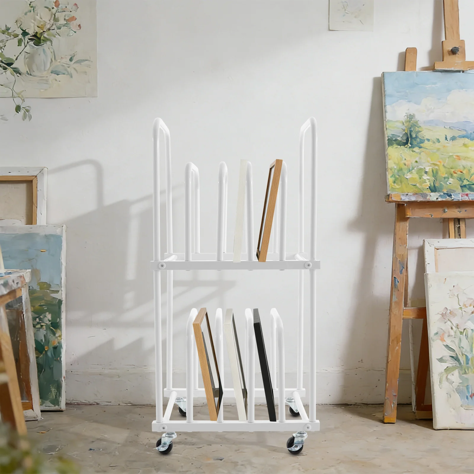 

Storage Rack, Plant Hook, Rolling Art Cart, 2-Tier White Metal Shelf with Wheels, Mobile Easel Holder Organizer, Art Supply