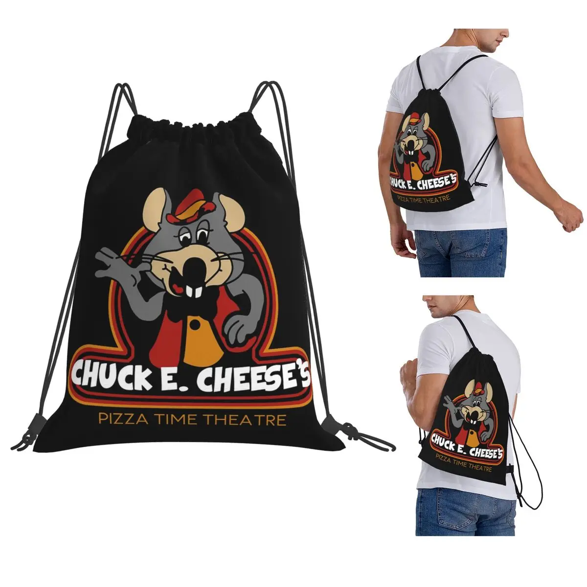 Chuck E Cheese Backpacks Casual Drawstring Bags Storage Bag Book Bags for Man Woman Students