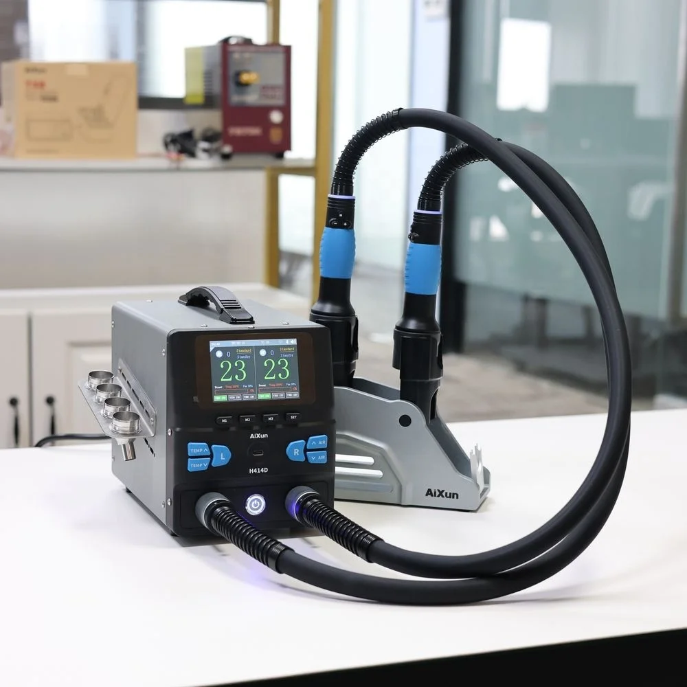 H414D Dual Station Hot Air Rework Station, with 1400W Dual-Heating System for Industrial Rework, Honeycomb Heating Tube Design