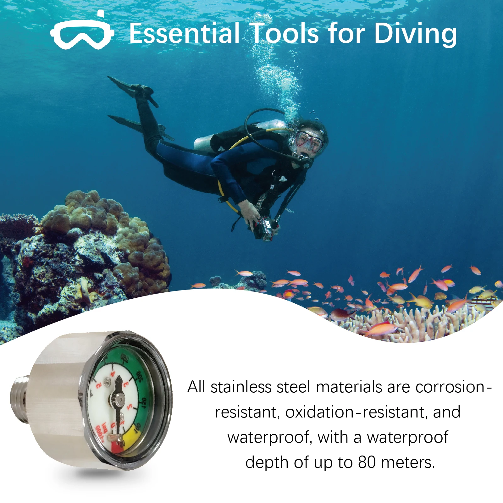 Mini Scuba Diving Pony Bottle Pressure Gauge with 300BAR,Accurate Waterproof Pressure Gauge for Diving Cylinder Scuba Tank