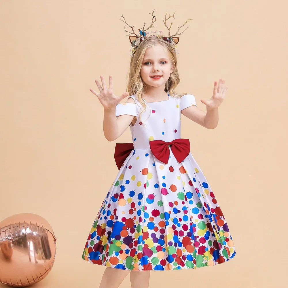 Girls Party Dresses 100cm-130cm Children Christmas Dress Satin Colorful Print Baby Ball Gown Wedding Birthday Vestidos