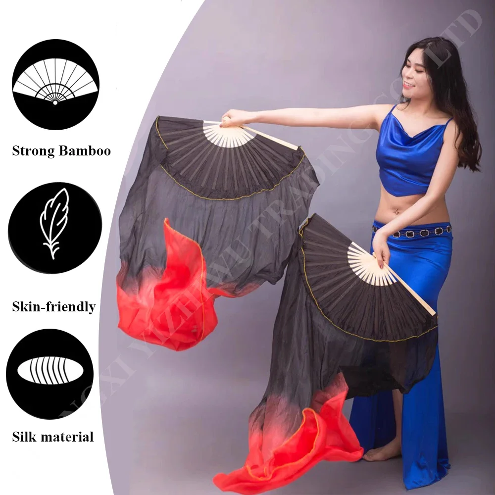 High Quality 1 Pair Real Silk Belly Dance Fan Veils Chinese Belly Dancing Long Fans