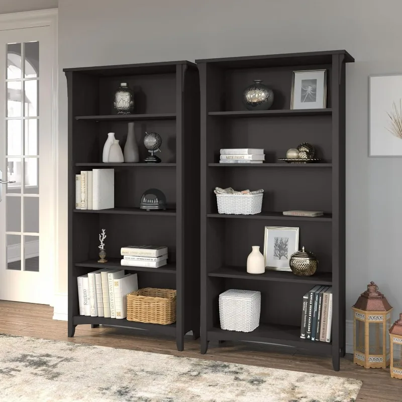 5-Shelf 63-Inch H Tall Bookcase, Vintage Black, 2/Set