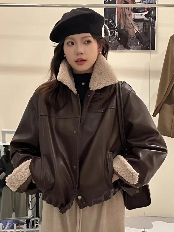 Fashion Short Women's Leather Jacket Coat Turn-down Collar Cotton-filled Faux Fur Collar Versatile Spring Ins Style PU Material