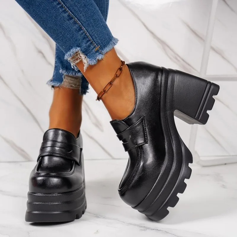 

Retro 2026 New Thick Soled High Heels Daily Women's Solid Color Temperament with Shoes
