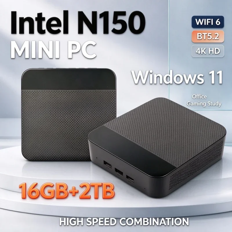 Small Size Intel N150 Mini PC 16GB RAM 1TB/2TB SSD Windows 11 WiFi 6 BT5.2 4K UHD Display Portable Computer For Office Gaming