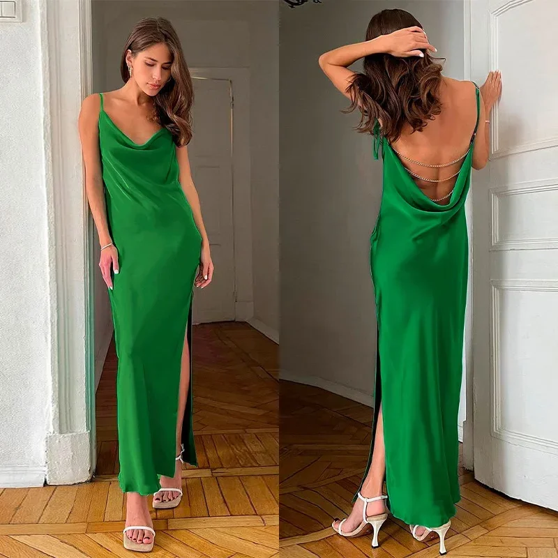 

Sexy Backless Satin Sling Long Dress Women Elegant Off Shoulder Slim Maxi Dresses Women 2024 Summer Beach Holiday Party Robes