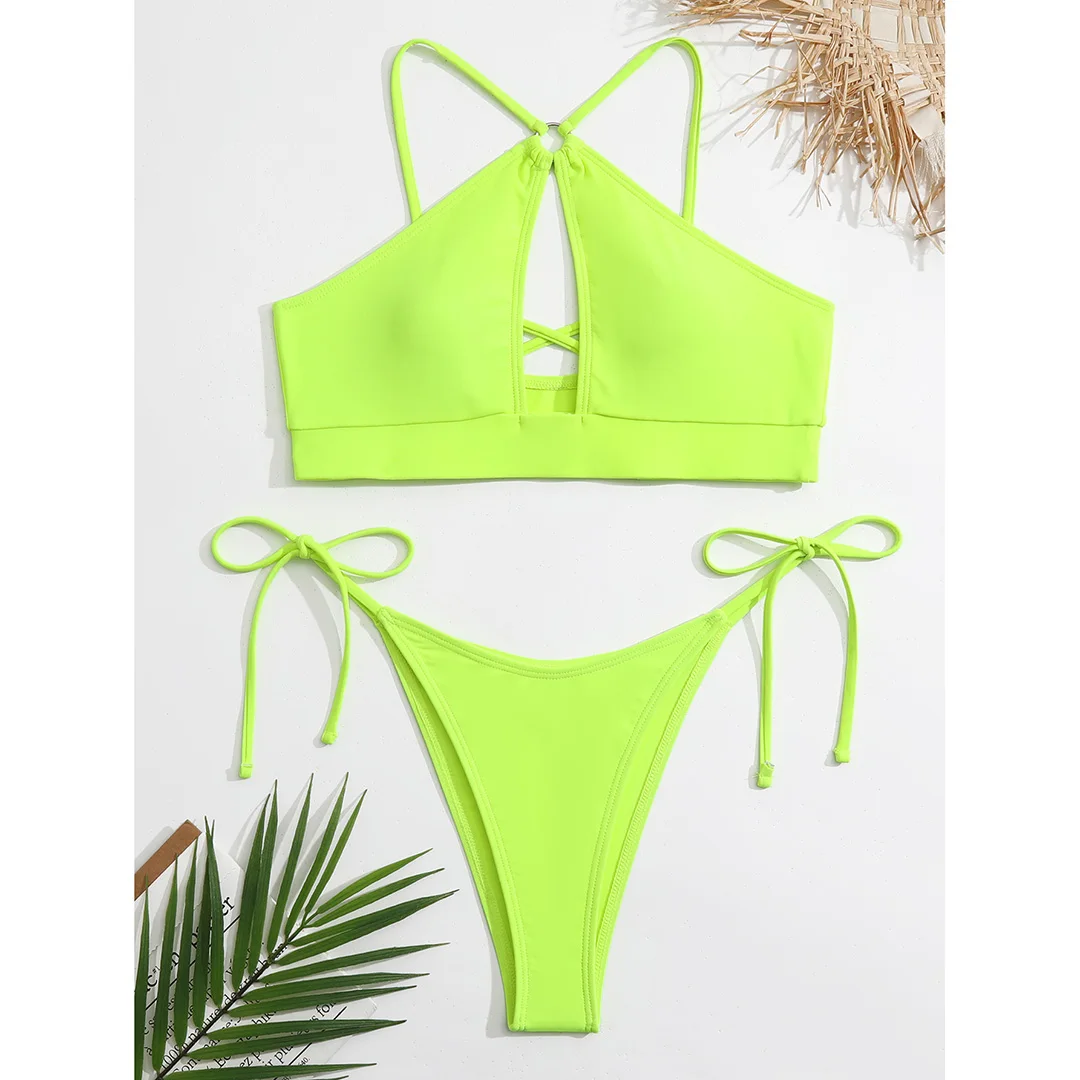 Ausgeschnittener Neckholder-Bikini, Damen-Badeanzug, zweiteiliges Bikini-Set, gepolstert, mit Trägern, Badebekleidung, Damen-Badeanzug, V3423 – Detail 39