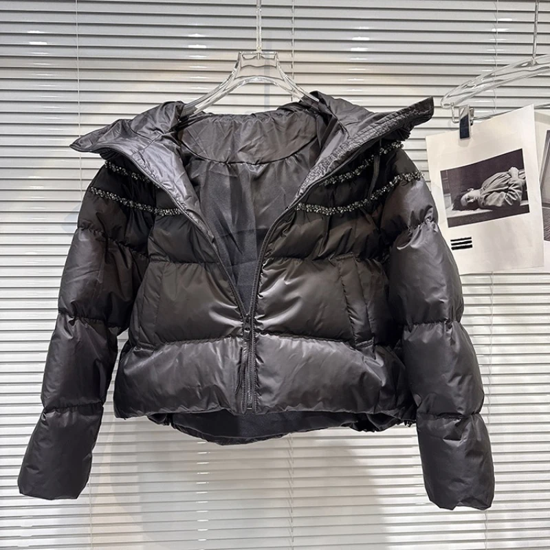 2025 Inverno Nuovo stile americano Industria pesante Bordo di perforazione Crimpatura Giacca in cotone caldo con cappuccio Cappotto di design alla moda