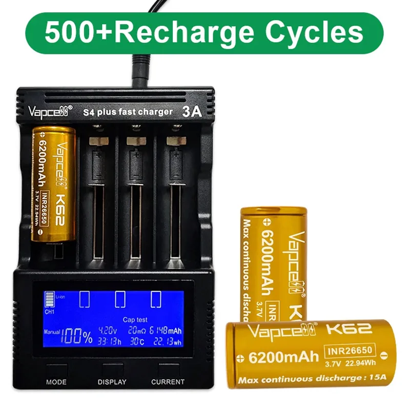 Original Vapcell K62 INR 26650 Battery 6200mAh Highest Capacity 15A 3.7V Rechargeable Lithium Battery For Flashlight VapeMod Toy