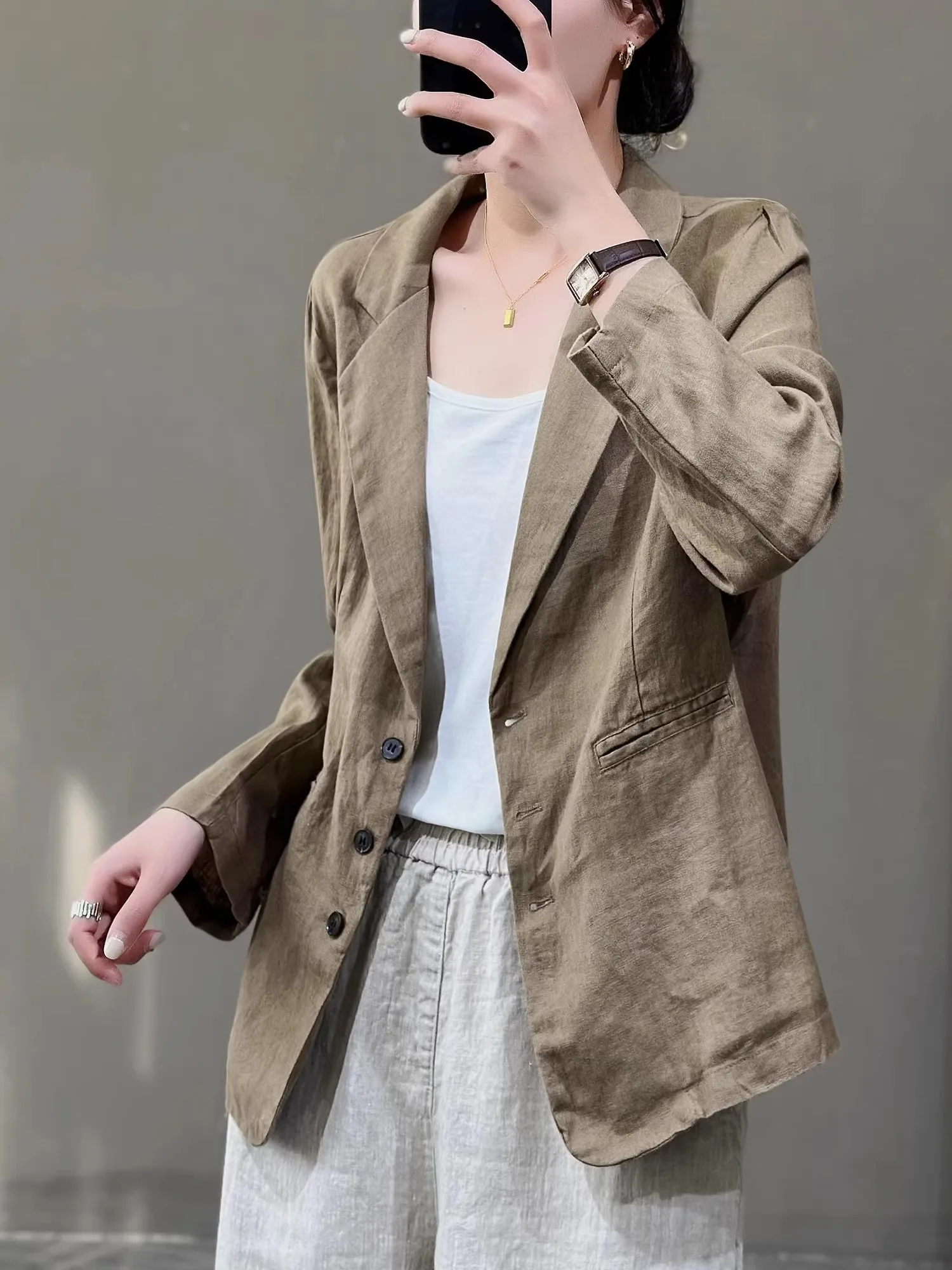 Pure Color Cotton Linen Short Suit Jacket Women's Casual Collar Open Cardigan Linen Western Style Top for Autumn