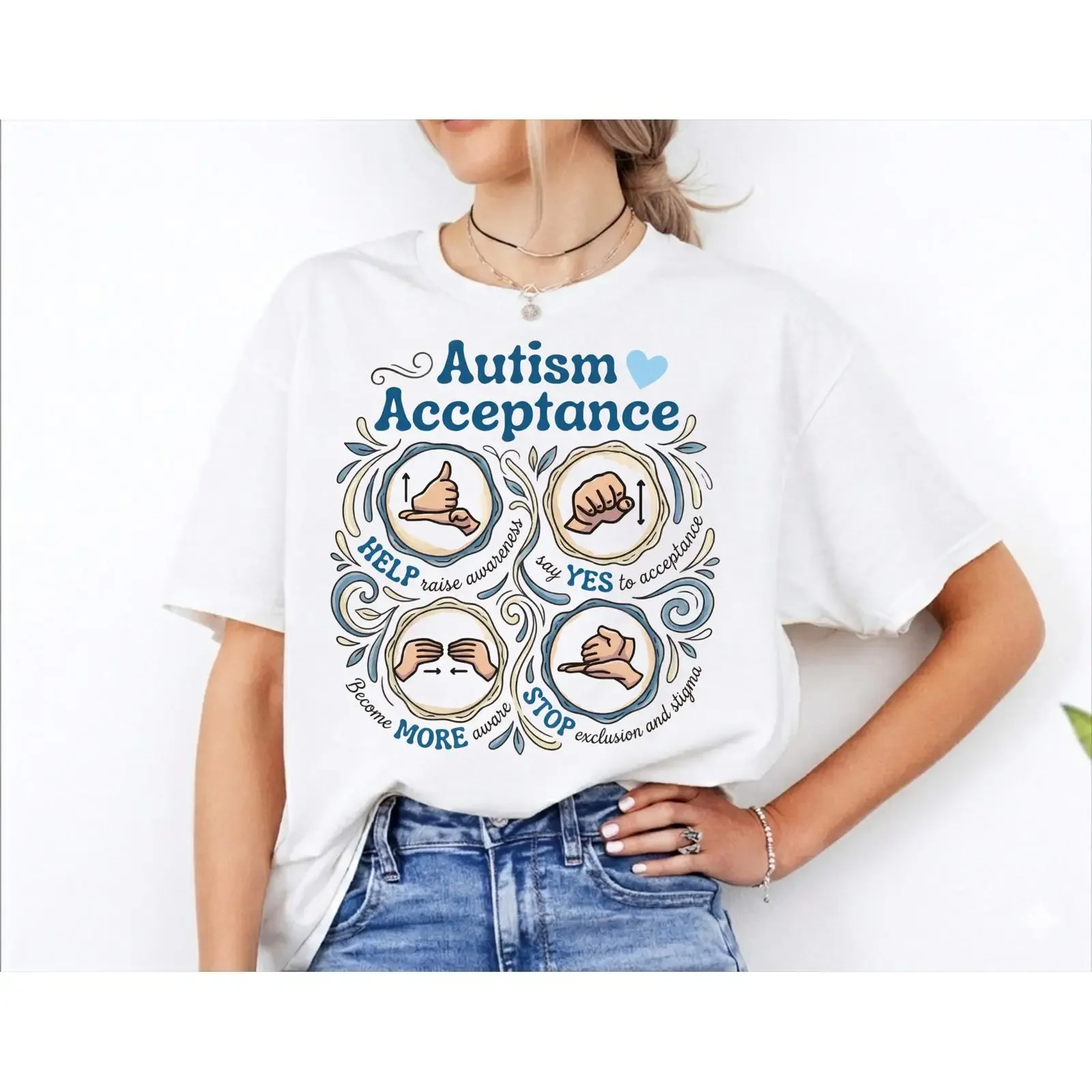 Autism Acceptance Sign Language T Shirt Awareness Month SPED Teacher Mom Support Casual vintage Washed Versatile graphic Unisex