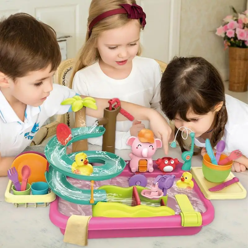 Pretend Sink With Running Water 4-in-1 Water Table Pretend Toy Pool Floating & Fishing Toys Dishwasher Playing Toy With Slide