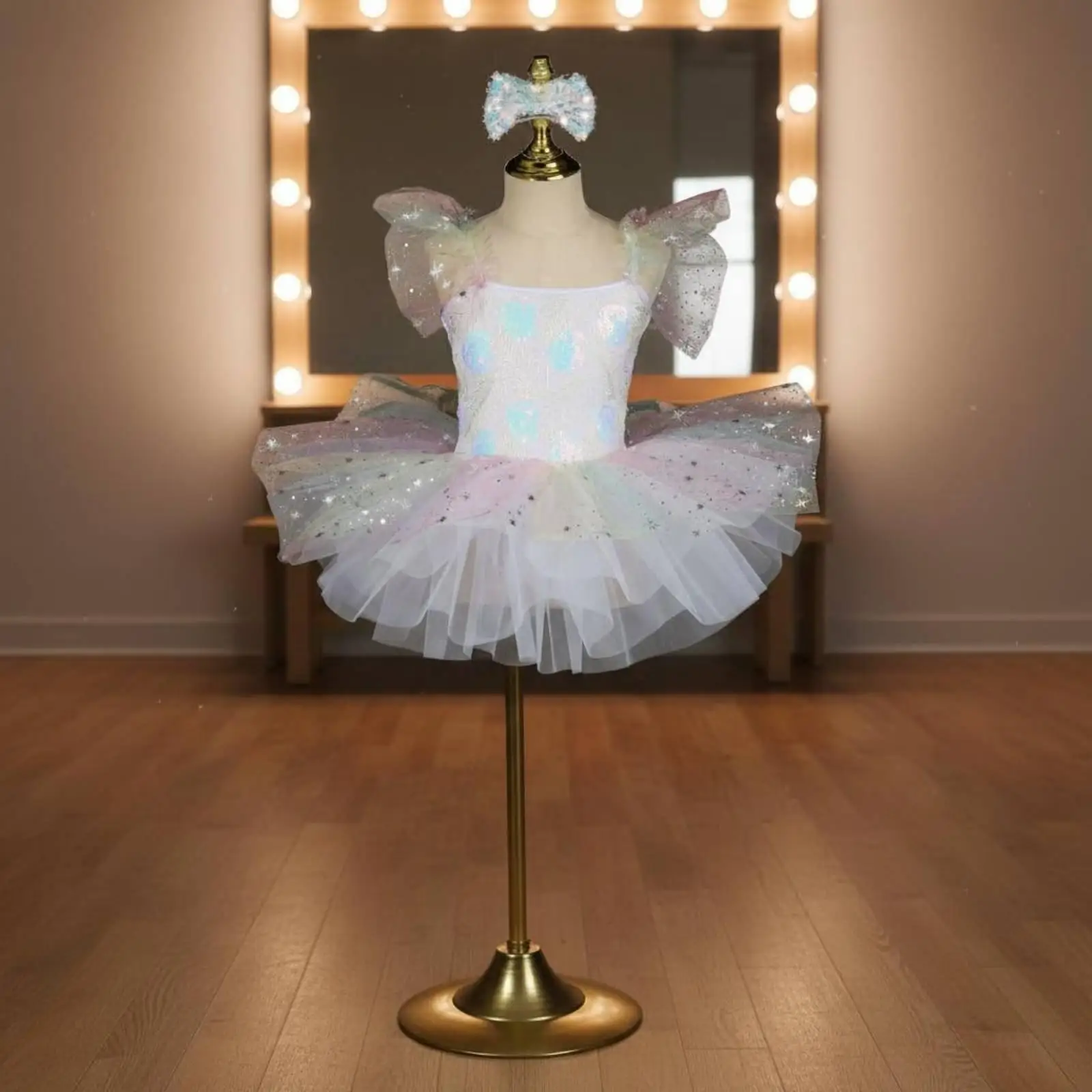 Girls Sequin Tutu Dress Sequins Ballet Skirt Dress Ruffle Sleeves Rainbow Tulle Princess Costume for Dancers, Performance,
