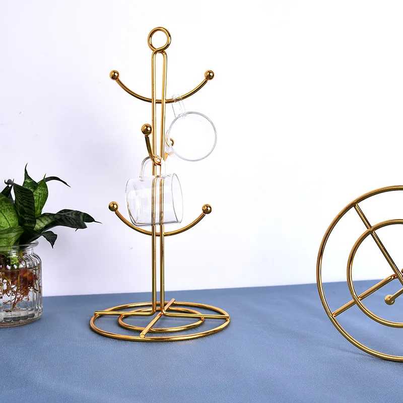 Árbol de tazas de encimera, secador de tazas de café de cocina de 6 ganchos, soporte de tazas de té de encimera de árbol, dorado