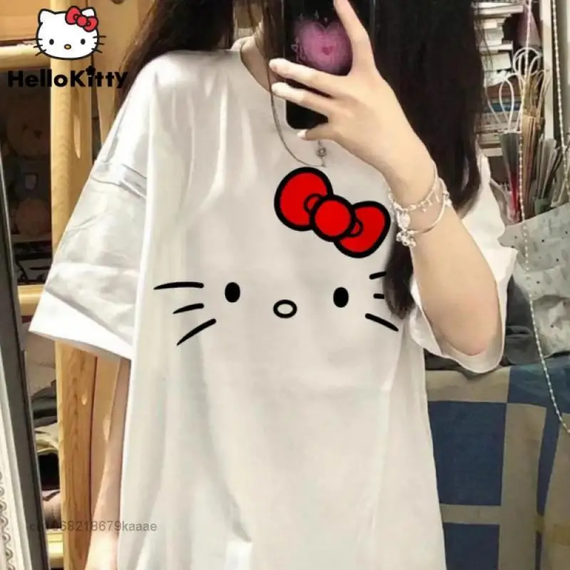 

Летняя кавайная футболка Hellokitty Одежда аниме мультфильм свободный Harajuku Корейская версия оверсайз короткий рукав Студенческая Девушка Повседневная