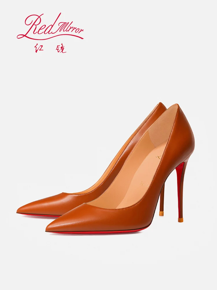 

2025 New Red soled High Heels Handmade Women's Shoes Brown Soft Genuine Leather Shallow Mouth Pointed Fine Custom Shoes