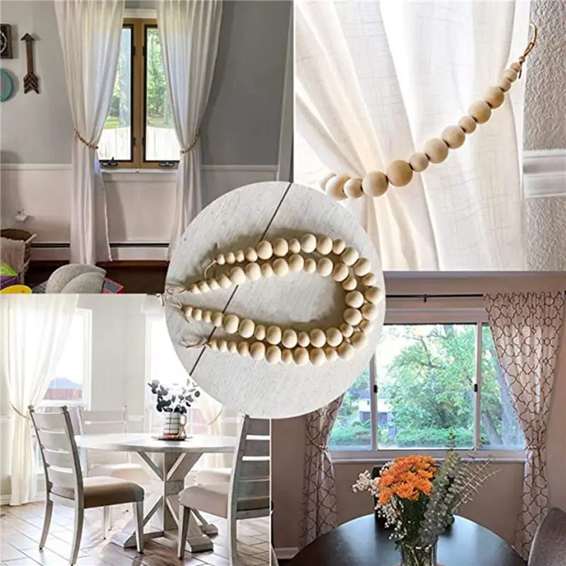 8Pcs Curtain Tie Backs, Natural Wood Drape Tiebacks, Window Treatment, Farmhouse Garland, Boho Decor Accessories-AT30