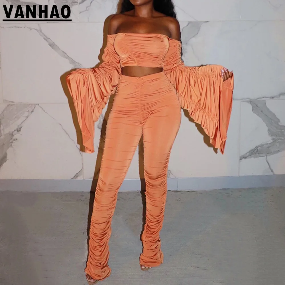 

VANHAO 2022 Autumn Tube Top Pleated Long Pants Set Sexy Outfits High Elastic Two Piece Set for Women Wholesale Dropshipping