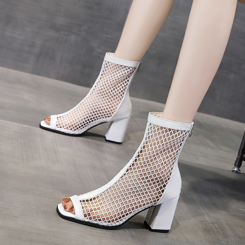 Thick Heel Sandals, Mesh Cool Boots for Women\'s 2024 Summer New Thin Short Boots, High Heel Hollow Sandals, Mesh Boots