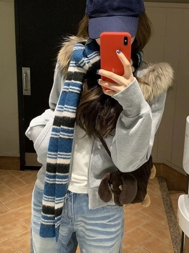 Y2k vintage pele do falso hoodie feminino casual cinza gola removível jaqueta moda recortada zip up moletom outono inverno topos novo