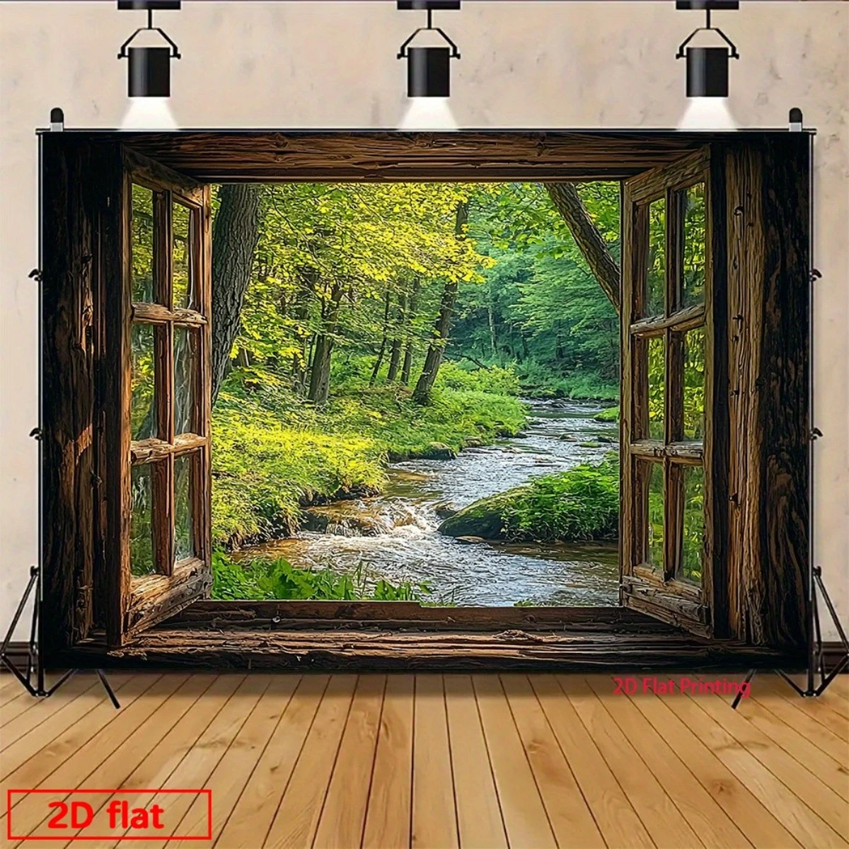 1pc Rustic Window Forest Stream Scene Backdrop Cloth, 2D Flat Printed Nature Landscape Wall Hanging Decor