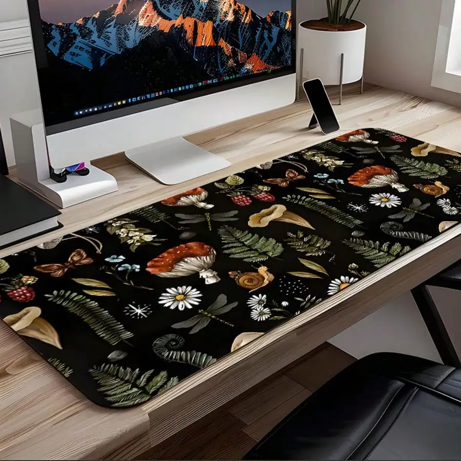 1pc Extra Large Vintage Forest Mushroom Insect Plant Pattern Mouse Pad, Soft Cloth Material With Anti-Slip Rubber Base And Stitched Edges. Dark Background